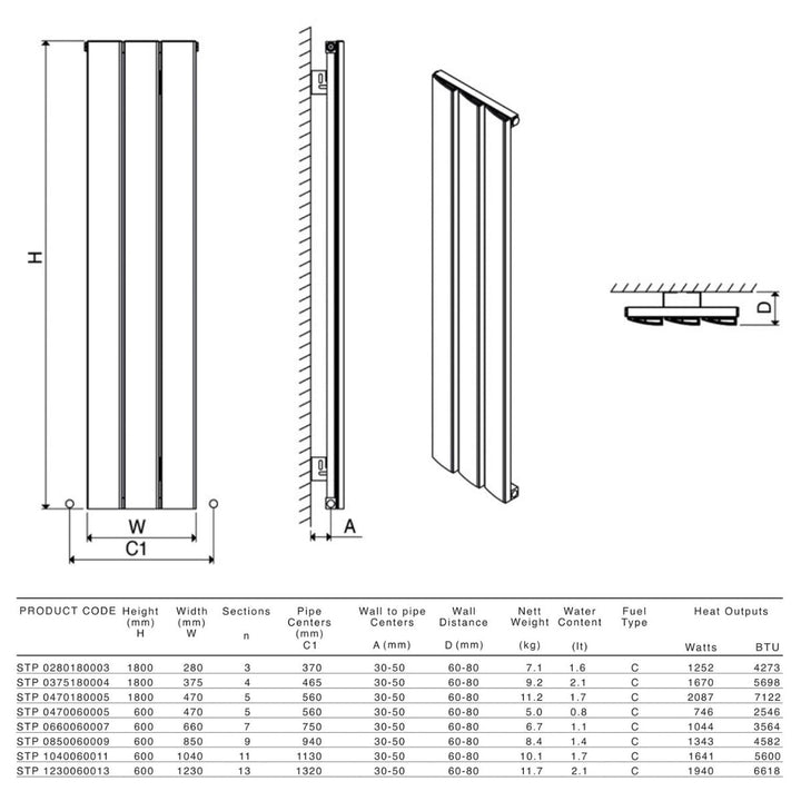 STP 0280180003 TXW - Carisa Step Vertical Aluminium Central Heating Radiator in Textured White - Coa Living