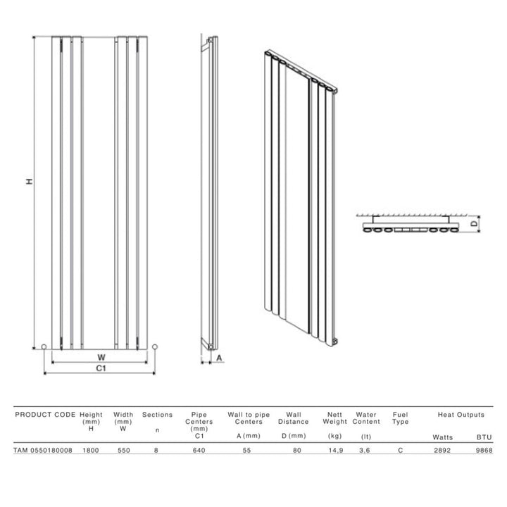 TAM 0550180008 PLS - Carisa Tallis Central Heating Mirror Radiator in Polished Anodised Aluminium - Coa Living