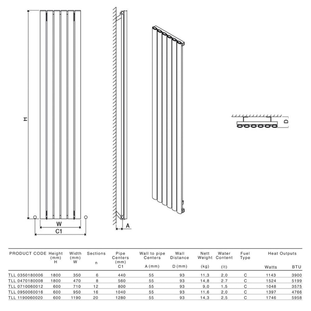 TLL 0350180006 TXB - Carisa Tallis Aluminium Central Heating Radiator in Textured Black - Coa Living