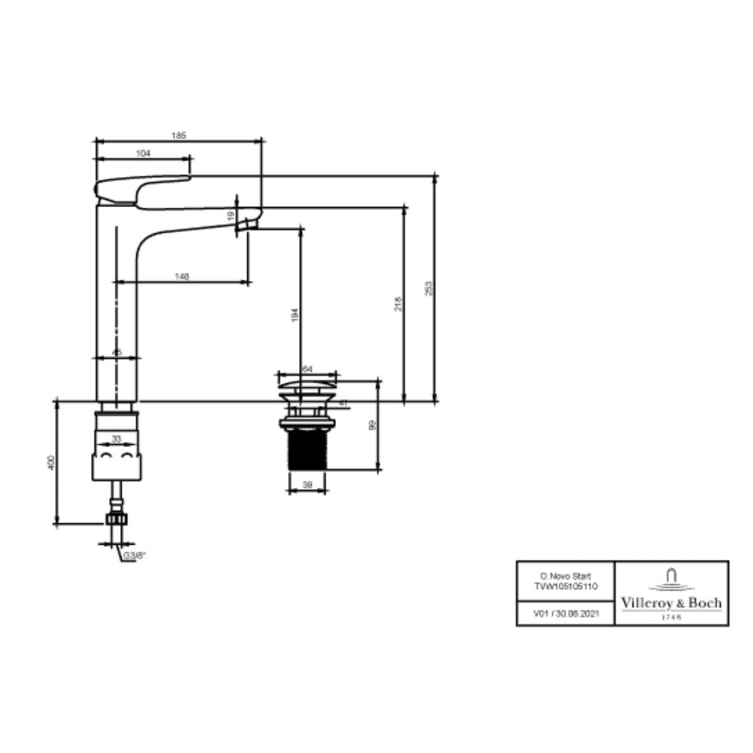 TVW10510511061 - TVW10510511061 Villeroy & Boch O.Novo Start Tall Single-Lever Basin Mixer with Push Waste in Chrome - Coa Living