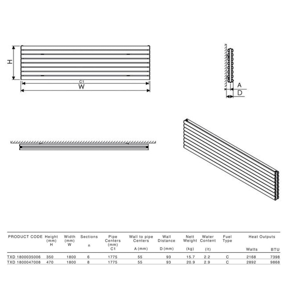 TXD 1800035006 TXB - Carisa Tallis Double XL Aluminium Central Heating Radiator in Textured Black - Coa Living