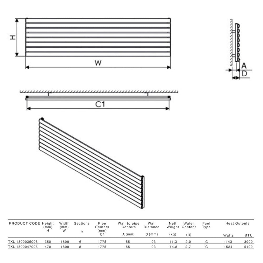 TXL 1800035006 TXW - Carisa Tallis XL Horizontal Aluminium Central Heating Radiator in Textured White - Coa Living