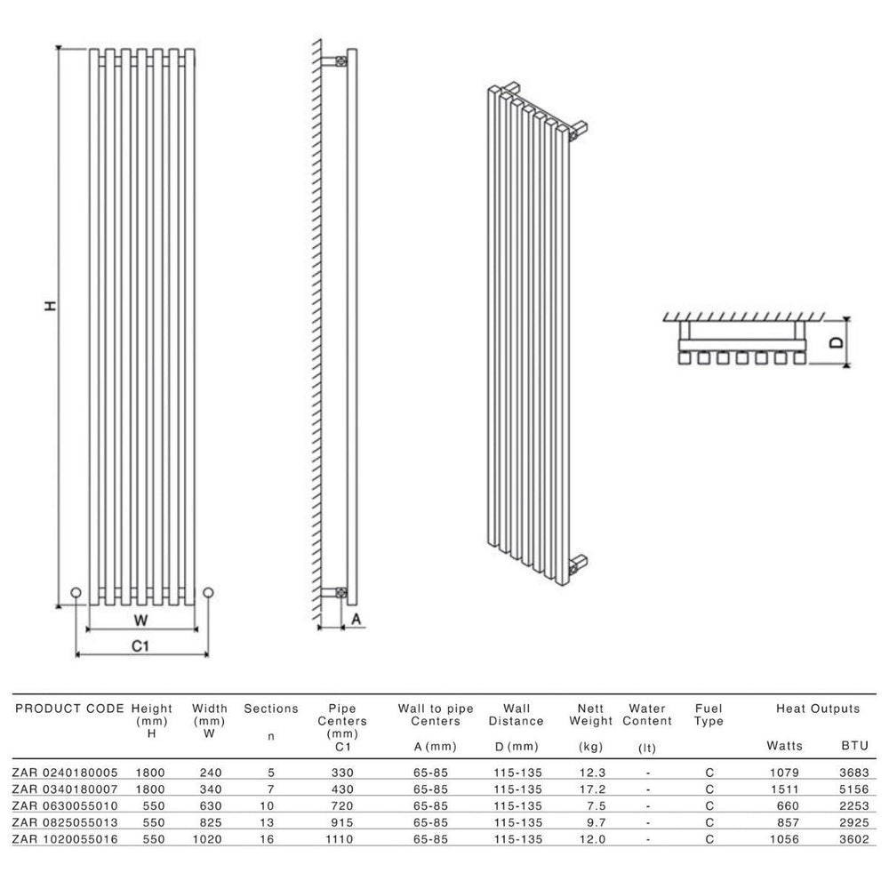 ZAR 0240180005 CHR - Carisa Zara Mild Steel Central Heating Radiator in Chrome - Coa Living